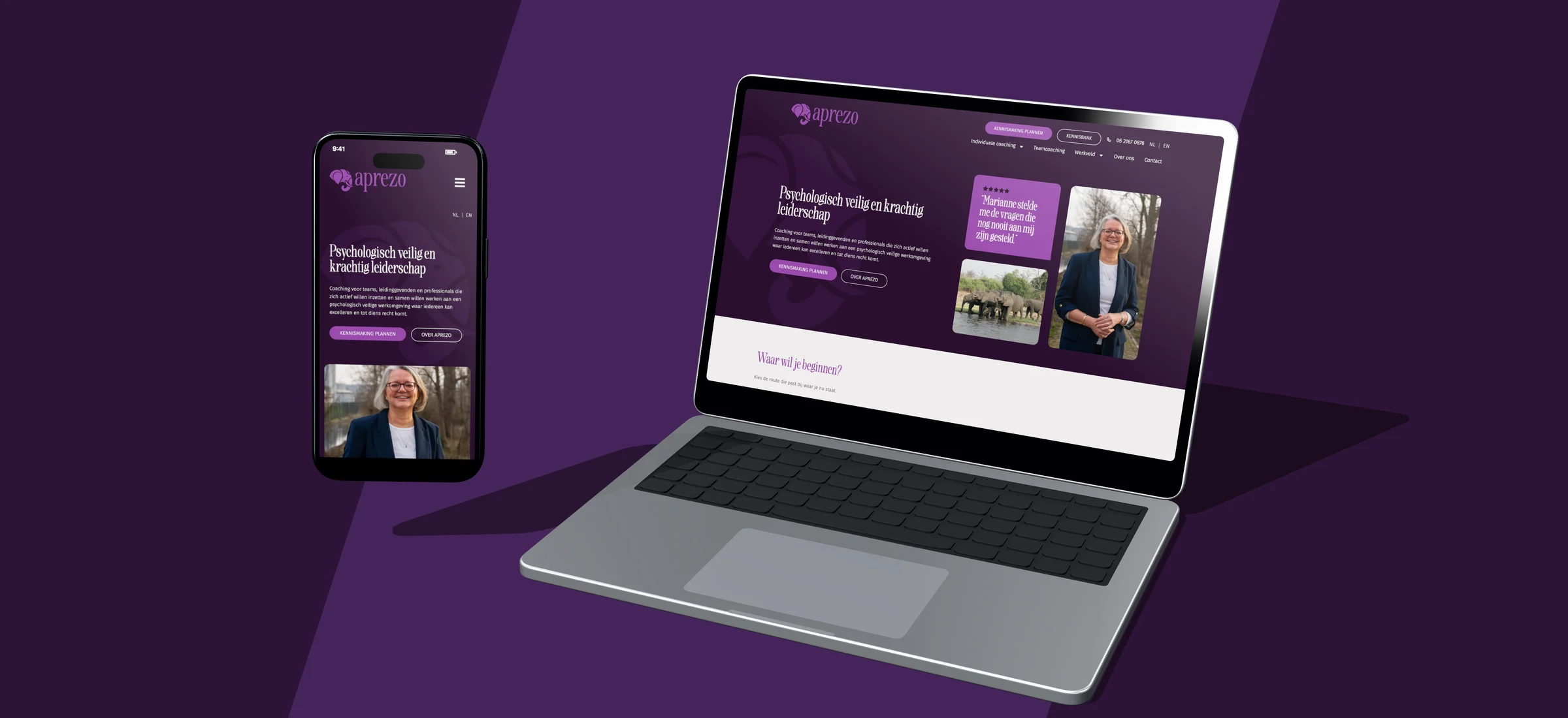 Ontwerp van de website van Aprezo op laptop en telefoon