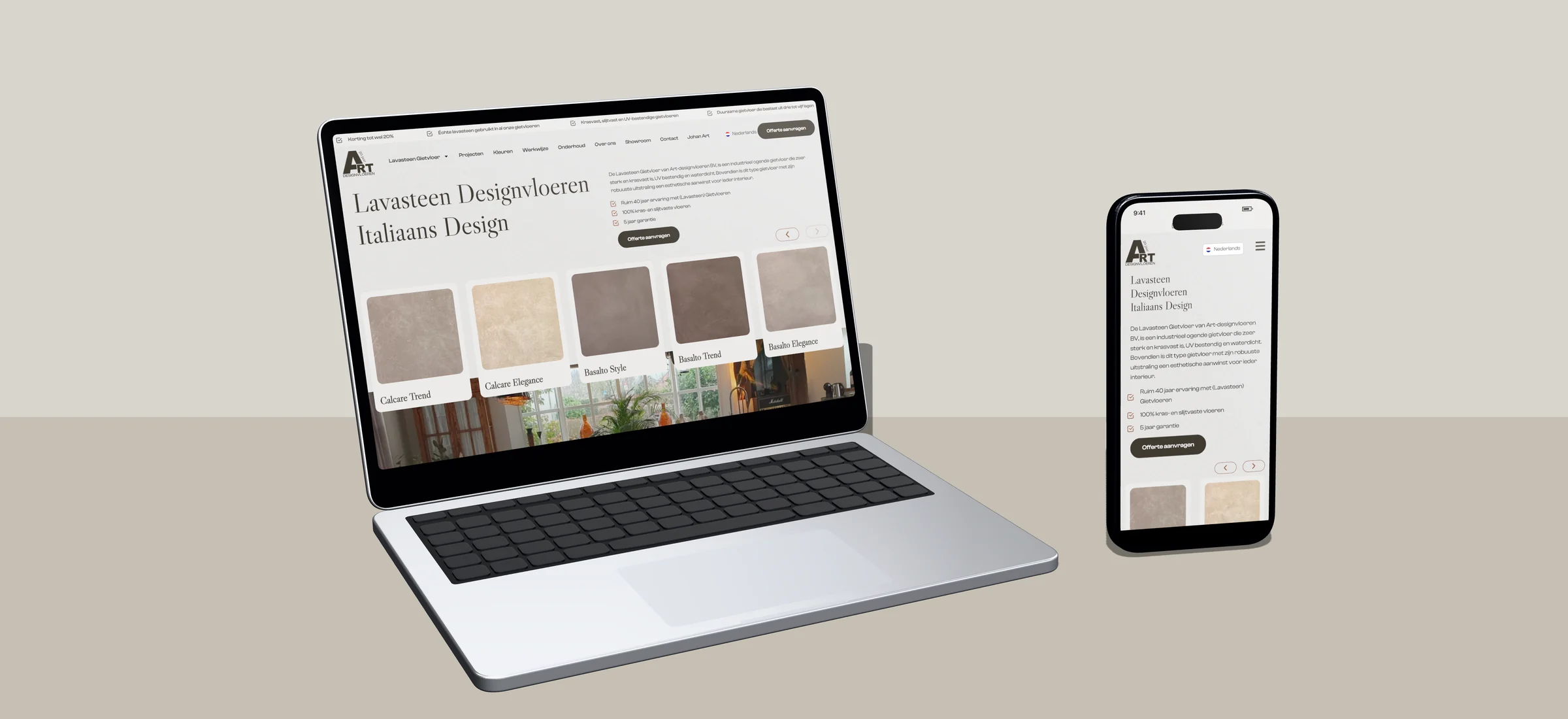 Ontwerp van de website van Art Designvloeren op laptop en telefoon