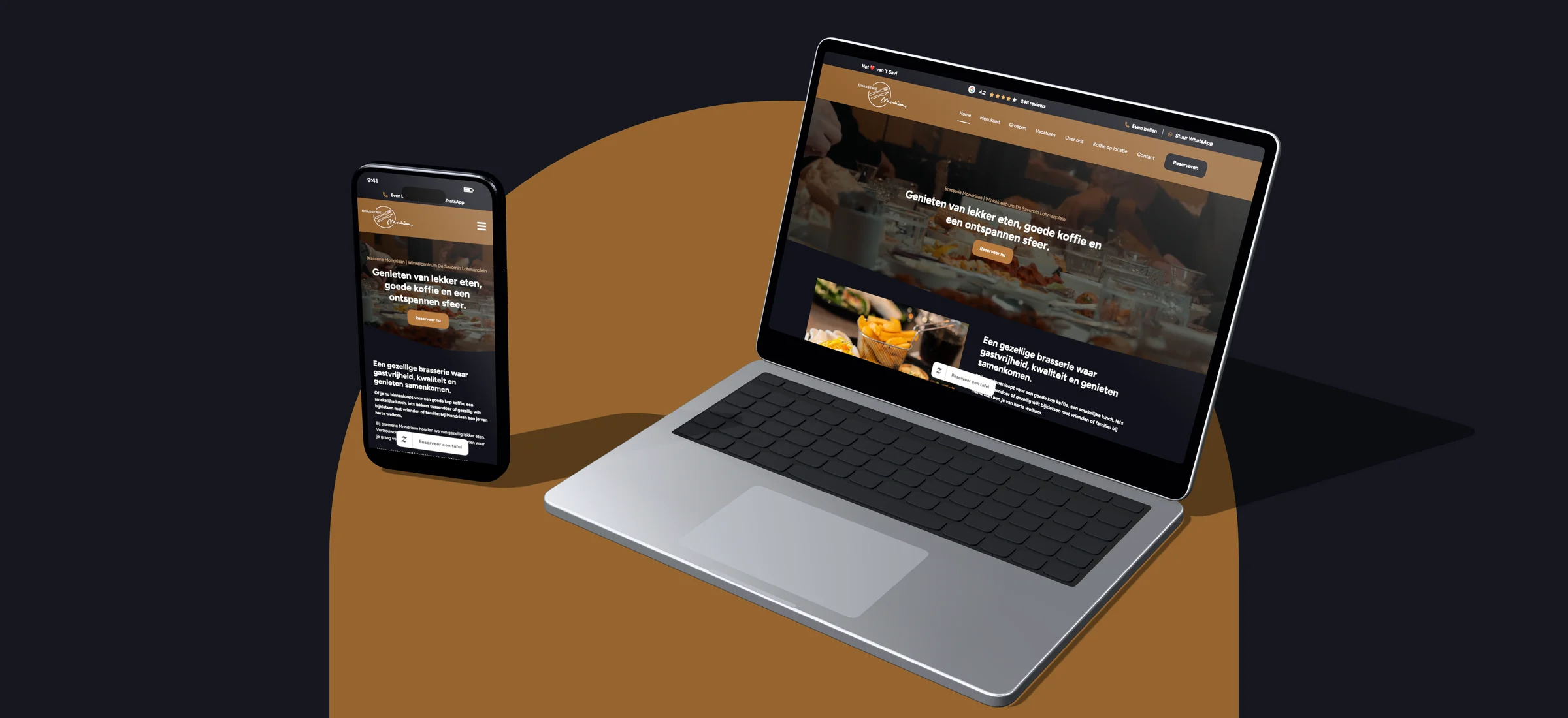 Ontwerp van de website van Brasserie Mondriaan op laptop en telefoon