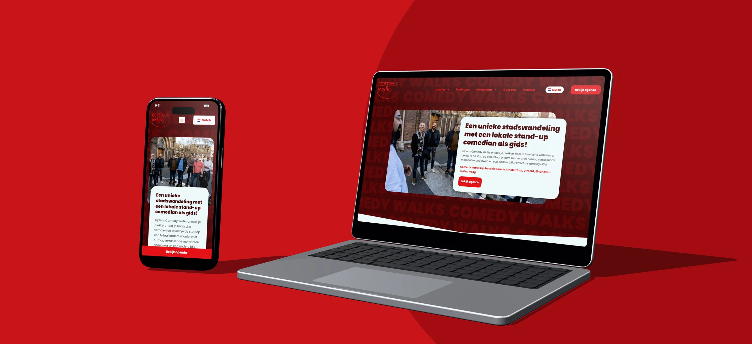Ontwerp van de website van Comedy Walks op laptop en telefoon