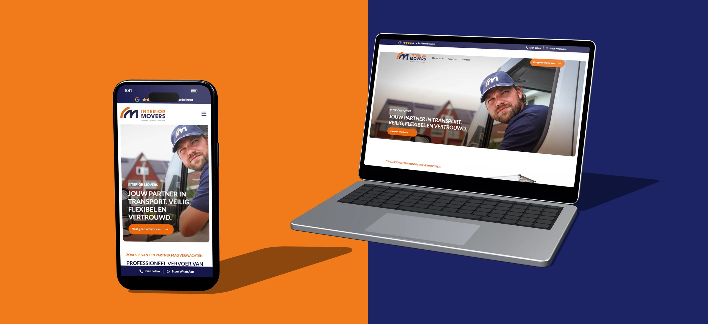 Ontwerp van de website van Interior Movers op laptop en telefoon