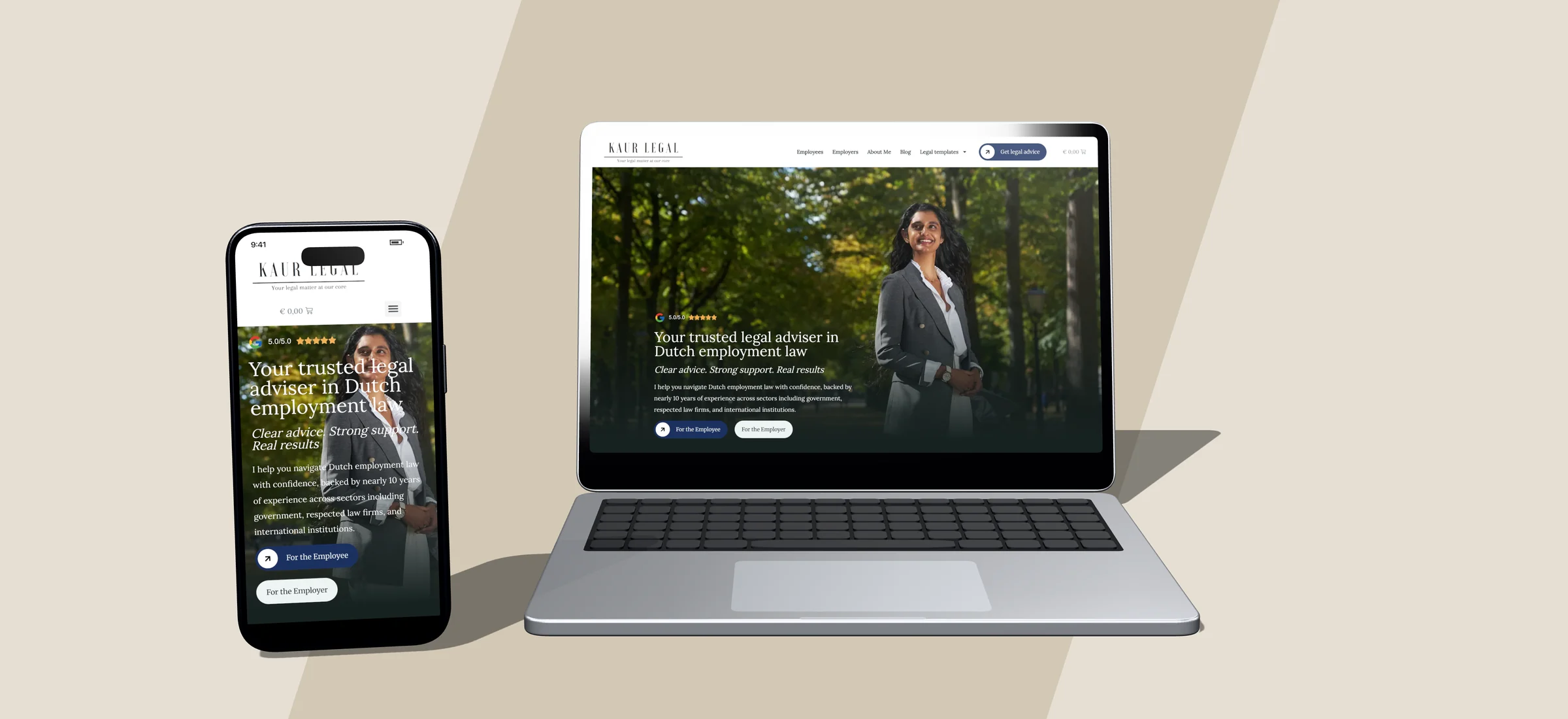 Ontwerp van de website van Kaur Legal op laptop en telefoon