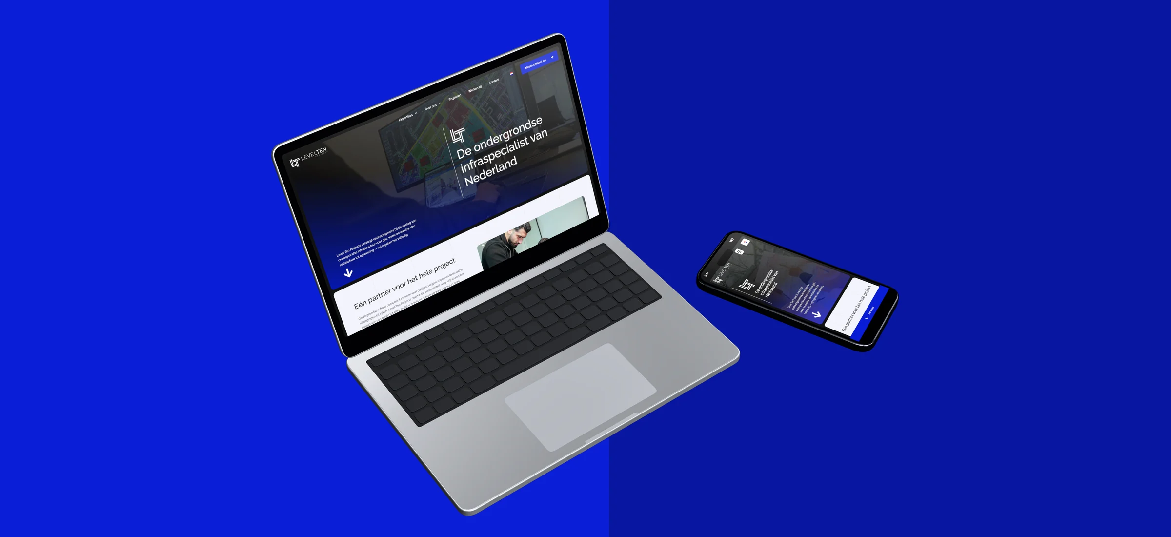 Ontwerp van de website van Level Ten Projects op laptop en telefoon