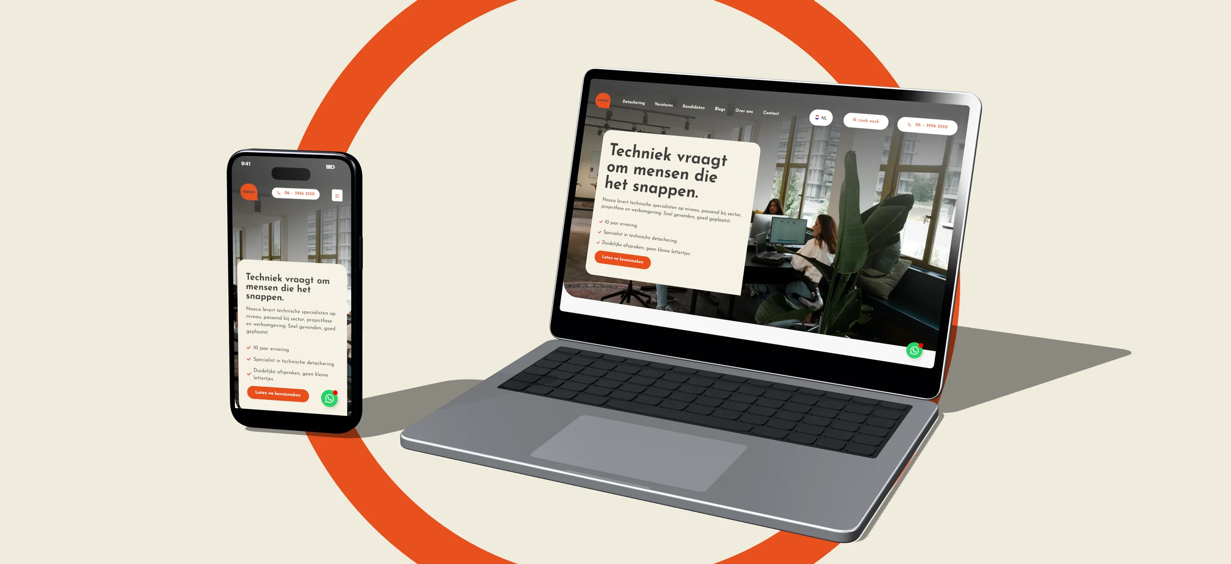 Ontwerp van de website van Nooca op laptop en telefoon