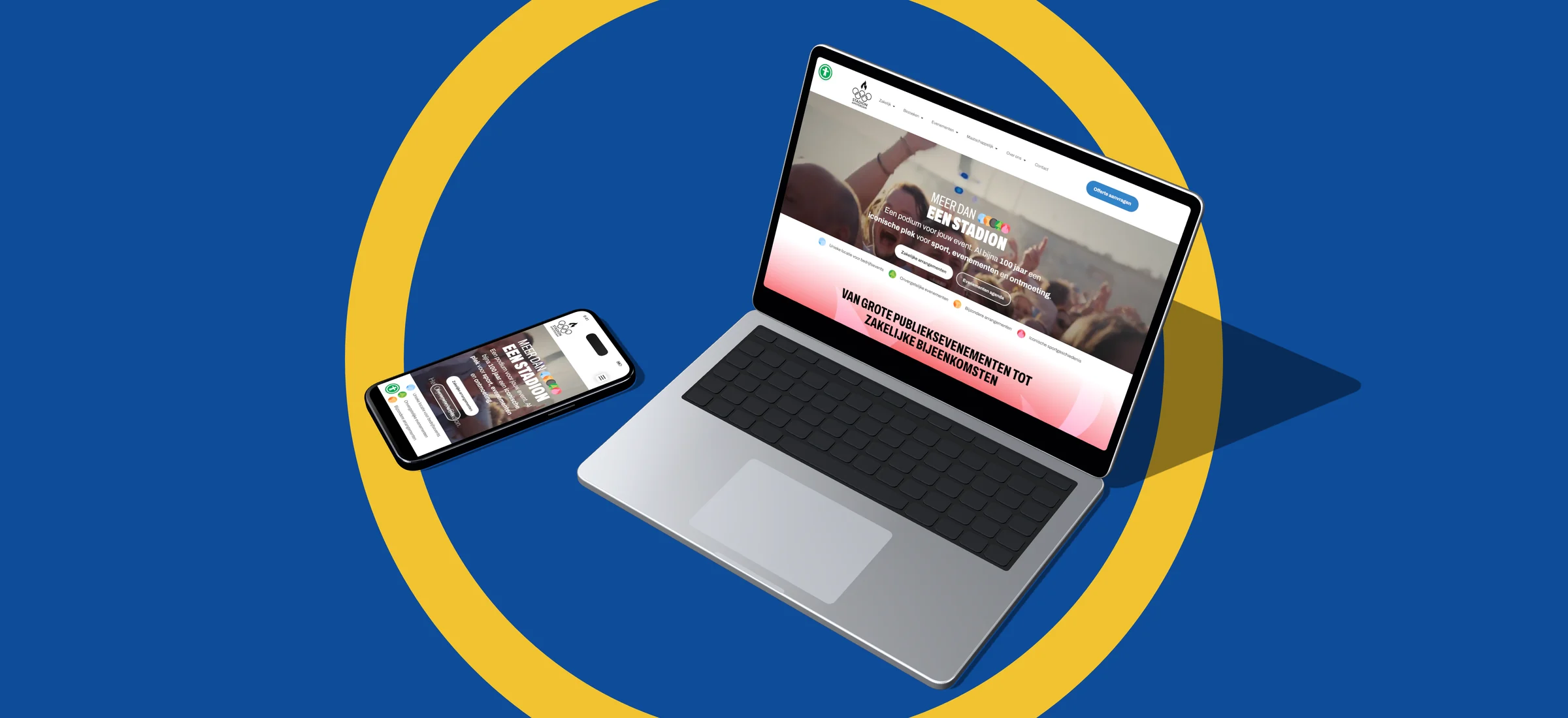 Ontwerp van de website van Olympisch Stadion op laptop en telefoon