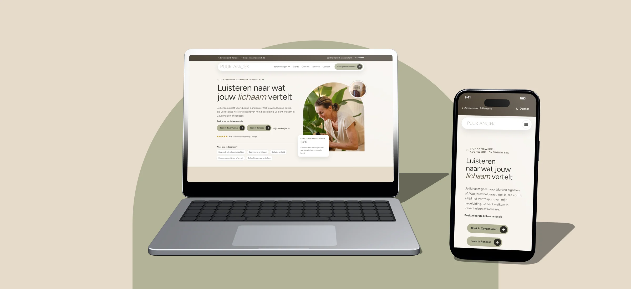 Ontwerp van de website van Puur Anoek op laptop en telefoon