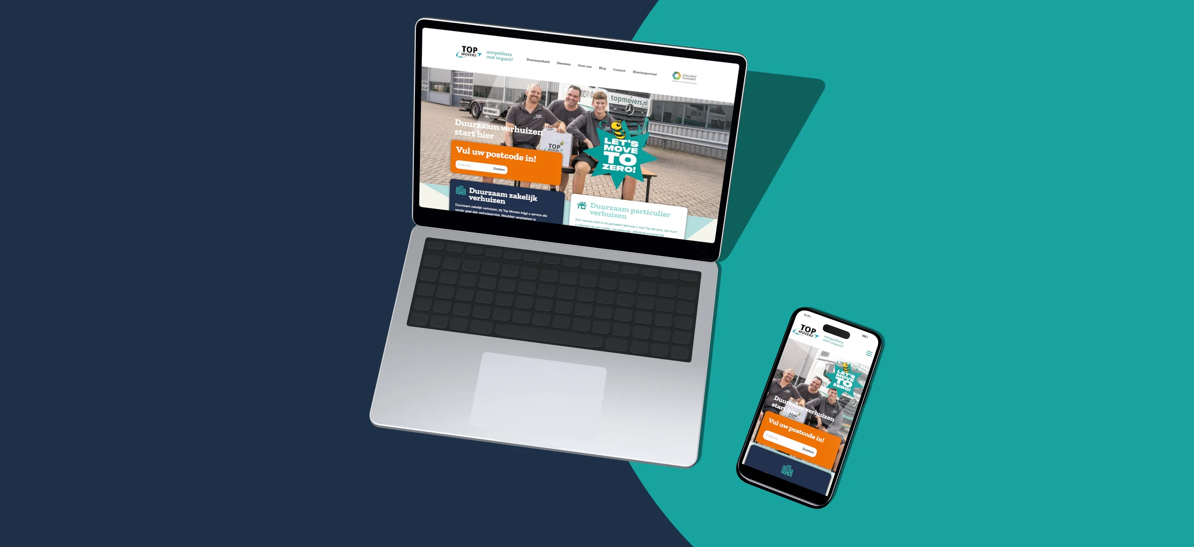 Ontwerp van de website van Top Movers op laptop en telefoon
