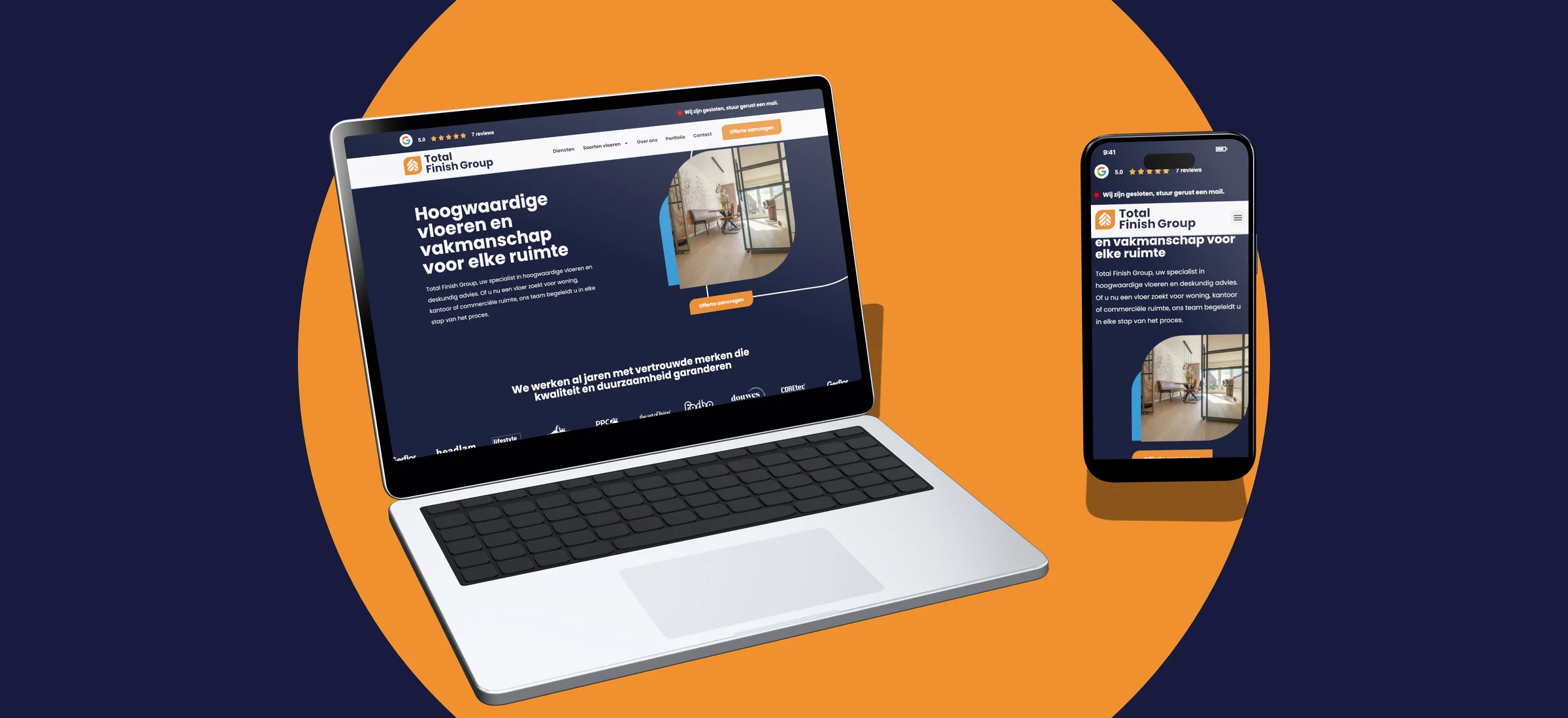 Ontwerp van de website van Total Finish Group op laptop en telefoon